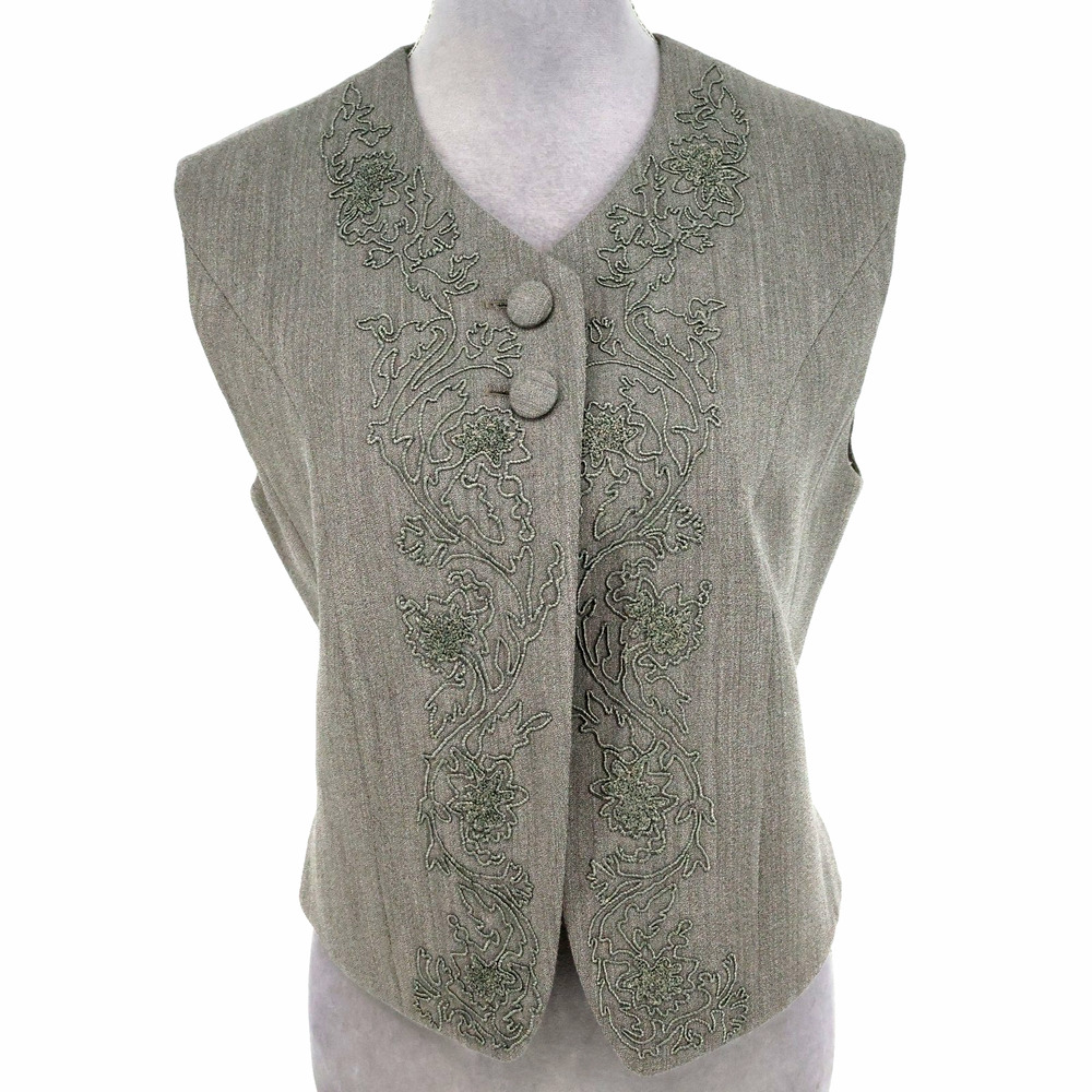 Louis Feraud Vest Womens 8 Gray Green Wool Blend Floral Embroidered Lined